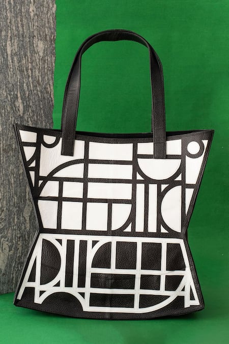 Shop Econock Studio Black Geometric Design Leather Tote Bag at Aza Fashions Shop_Econock Studio_Black Geometric Design Leather Tote Bag _at_Aza_Fashions