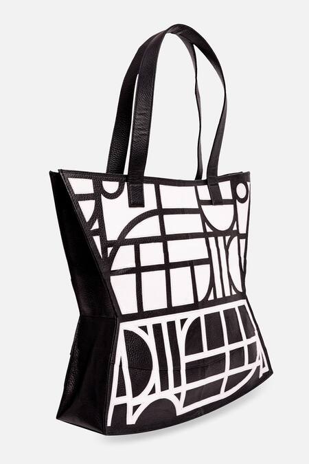 Econock Studio Black Geometric Design Leather Tote Bag Online at Aza Fashions Econock Studio_Black Geometric Design Leather Tote Bag _Online_at_Aza_Fashions