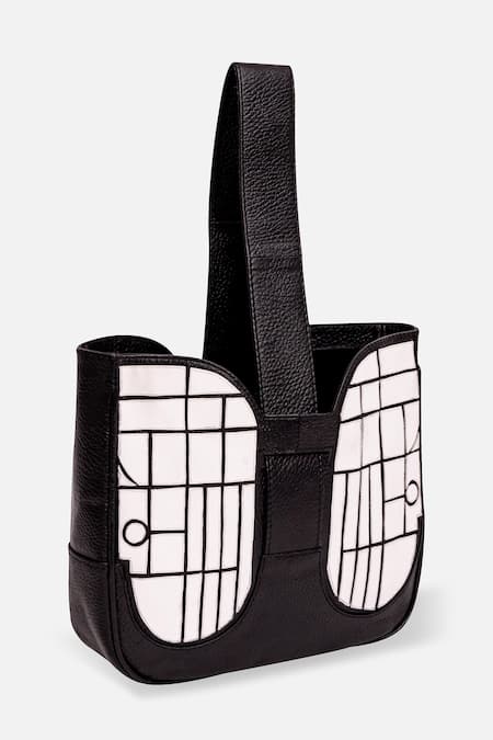 Shop Econock Studio Black Geometric Design Leather Handbag at Aza Fashions Shop_Econock Studio_Black Geometric Design Leather Handbag _at_Aza_Fashions