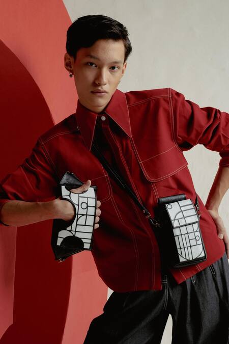 Shop Econock Studio Black Geometric Design Leather Phone Bag Shop_Econock Studio_Black Geometric Design Leather Phone Bag