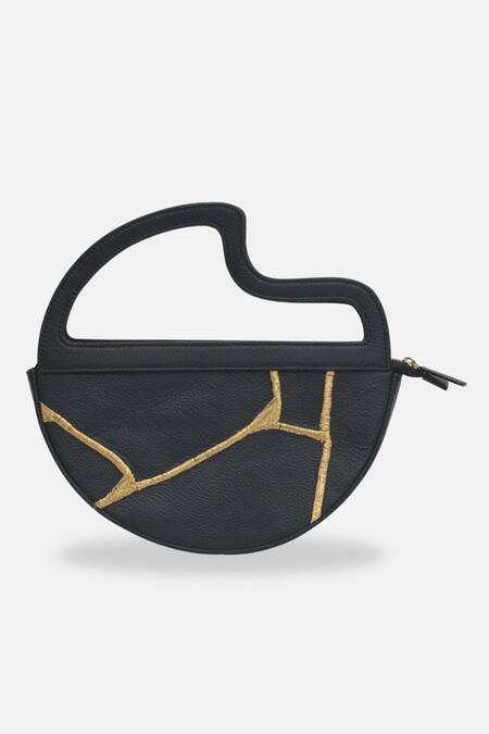 Econock Studio_Black Embroidery Kintsugi Crescent Clutch _Online_at_Aza_Fashions
