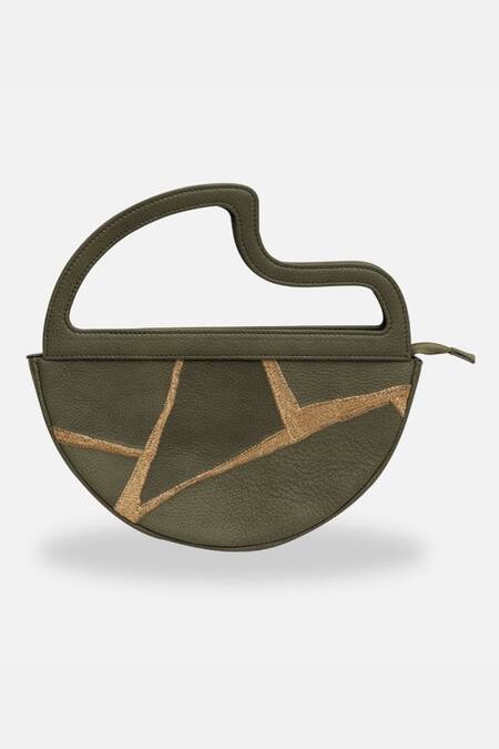 Econock Studio_Green Embroidery Olive Kintsugi Crescent Clutch _Online_at_Aza_Fashions
