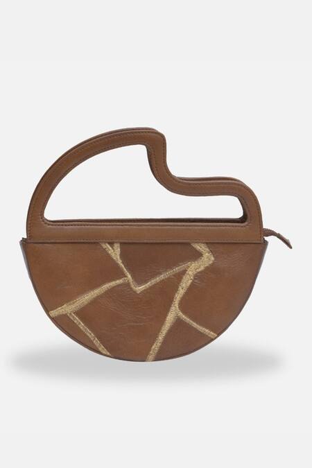 Econock Studio_Brown Embroidery Kintsugi Crescent Clutch _Online_at_Aza_Fashions