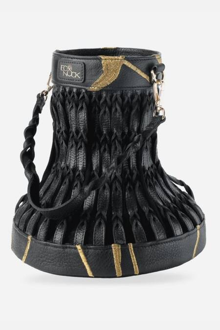 Buy_Econock Studio_Black Embroidery Kintsugi Leather Bucket Bag _Online_at_Aza_Fashions