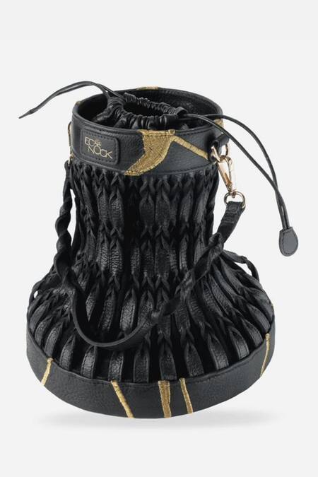 Shop_Econock Studio_Black Embroidery Kintsugi Leather Bucket Bag _Online_at_Aza_Fashions