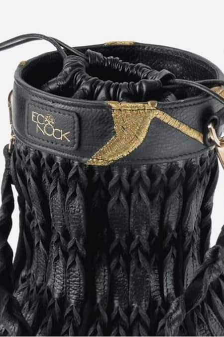 Econock Studio_Black Embroidery Kintsugi Leather Bucket Bag _at_Aza_Fashions