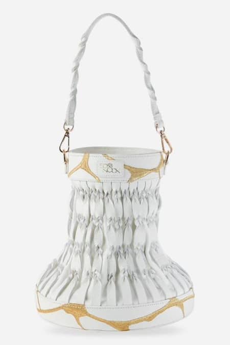 Econock Studio_Ivory Embroidery Kintsugi Bucket Bag _at_Aza_Fashions