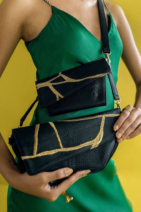 Econock Studio_Black Embroidery Kintsugi Crossbody Bag _Online_at_Aza_Fashions