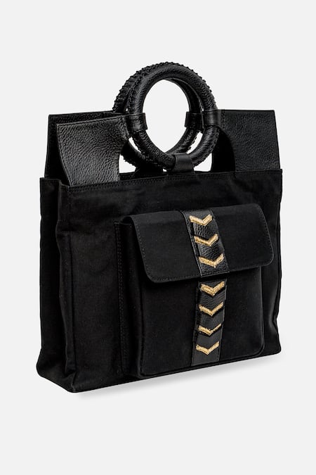 Shop_Econock Studio_Black Patchwork Leather Mini Tote Bag _Online_at_Aza_Fashions