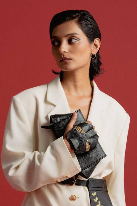 Shop_Econock Studio_Black Embroidery Leather Wristlet Bag _at_Aza_Fashions