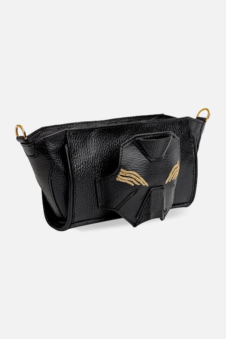 Econock Studio_Black Embroidery Leather Wristlet Bag _Online_at_Aza_Fashions
