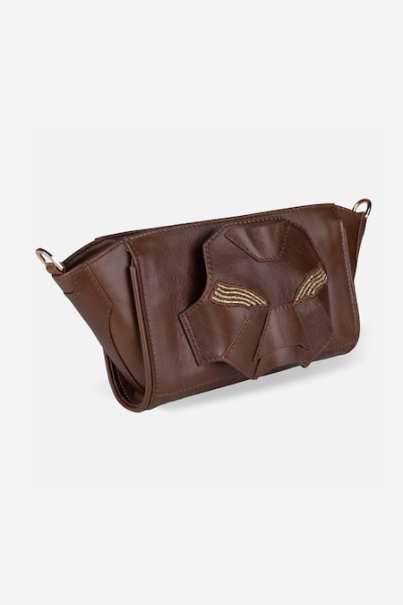 Econock Studio Brown Leather Threadwork Wristlet Bag 