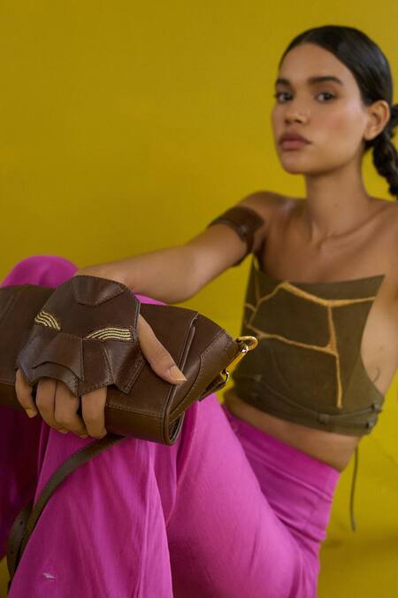 Econock Studio Brown Embroidery, Zari Leather Threadwork Wristlet Bag Online at Aza Fashions Econock Studio_Brown Embroidery, Zari Leather Threadwork Wristlet Bag _Online_at_Aza_Fashions