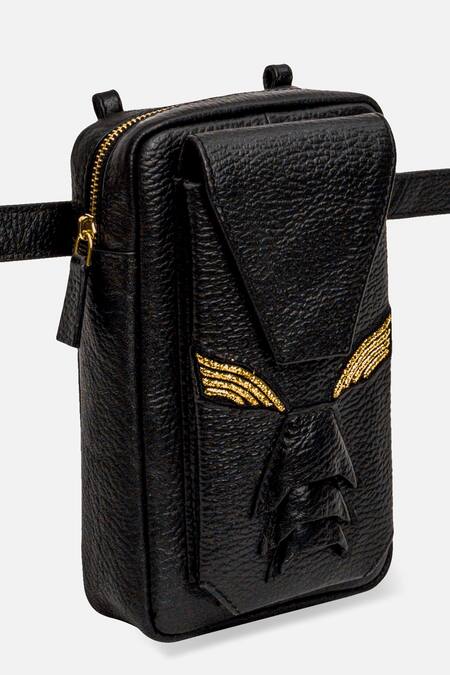 Shop_Econock Studio_Black Embroidery Leather 3d Thigh Bag _Online_at_Aza_Fashions