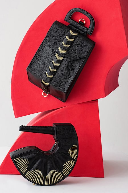 Econock Studio Black Leather Patchwork Satchel Bag 