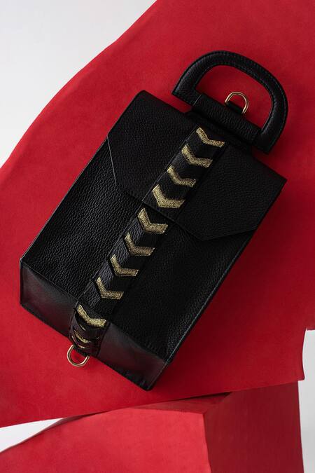 Econock Studio_Black Patchwork, Embroidery Leather Satchel Bag _Online_at_Aza_Fashions