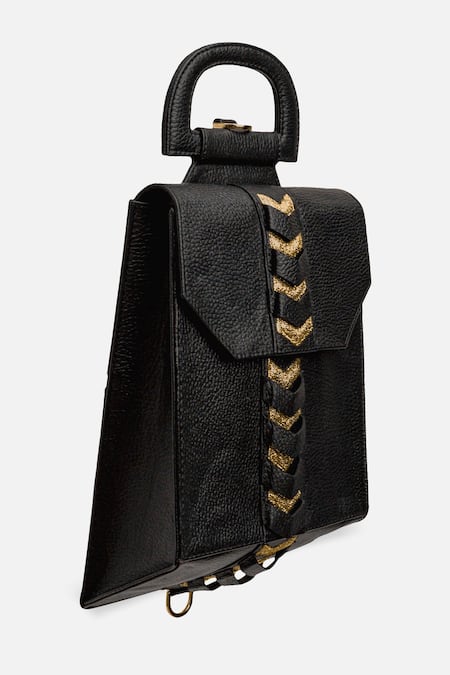 Shop_Econock Studio_Black Patchwork, Embroidery Leather Satchel Bag _Online_at_Aza_Fashions