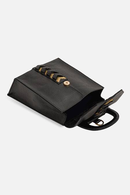 Econock Studio_Black Patchwork, Embroidery Leather Satchel Bag _at_Aza_Fashions