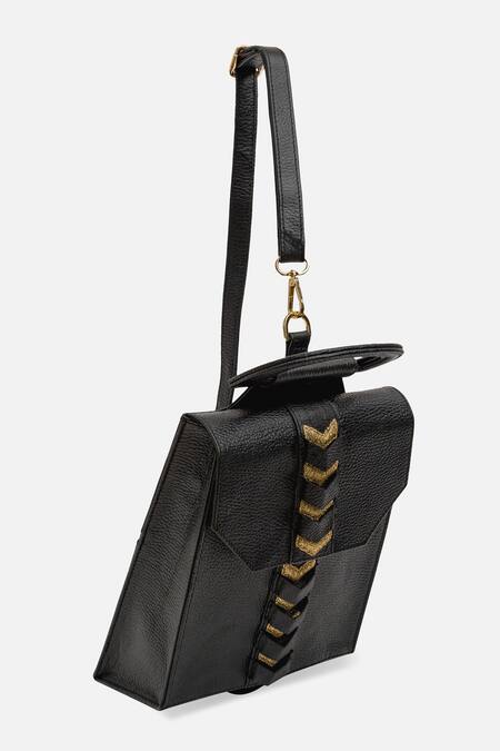 Buy_Econock Studio_Black Patchwork, Embroidery Leather Satchel Bag 