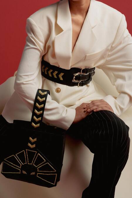 Econock Studio Black Embroidery Leather Broad Belt at Aza Fashions Econock Studio_Black Embroidery Leather Broad Belt _at_Aza_Fashions