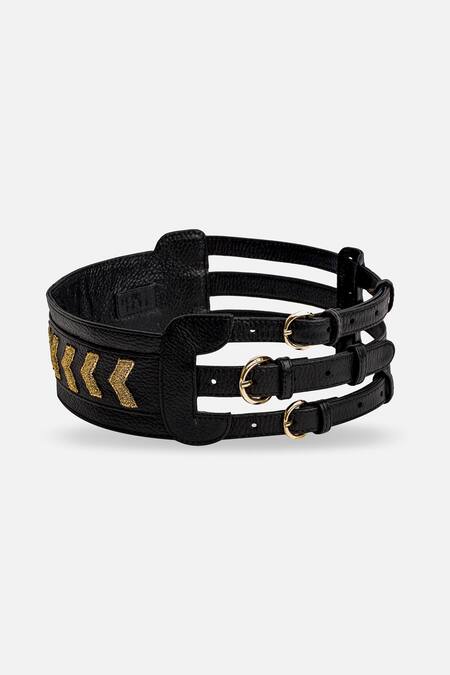 Buy Econock Studio Black Embroidery Leather Broad Belt Buy_Econock Studio_Black Embroidery Leather Broad Belt