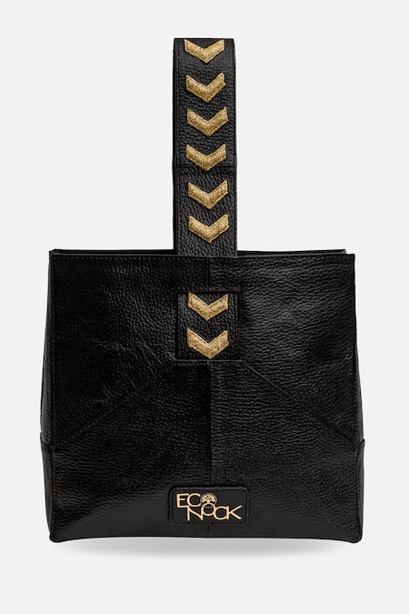 Buy_Econock Studio_Black Patchwork, Embroidery Leather Handbag _Online_at_Aza_Fashions