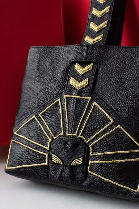 Shop_Econock Studio_Black Patchwork, Embroidery Leather Handbag _Online_at_Aza_Fashions