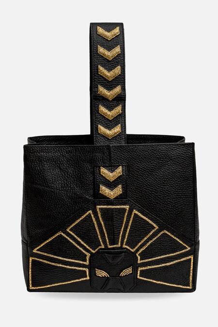 Econock Studio_Black Patchwork, Embroidery Leather Handbag _at_Aza_Fashions