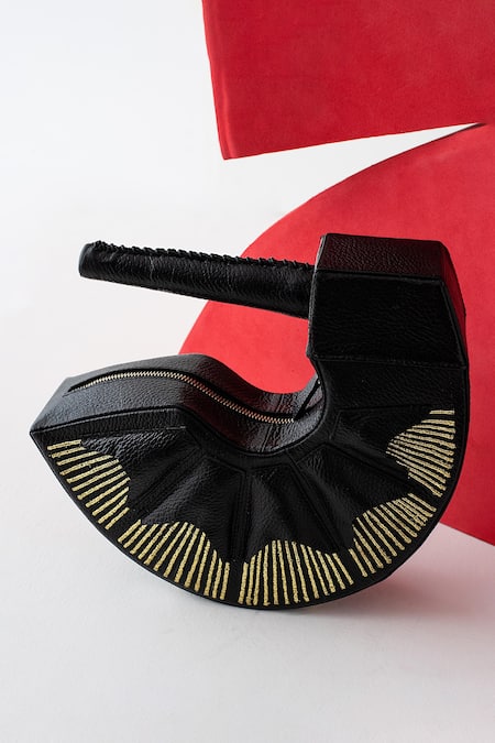 Econock Studio Black Leather Curved Clutch with Patchwork 