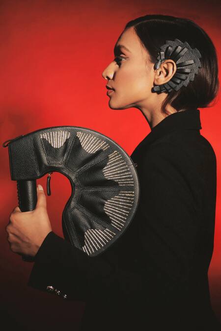 Econock Studio_Black Patchwork, Embroidery Leather Curved Clutch With _Online_at_Aza_Fashions