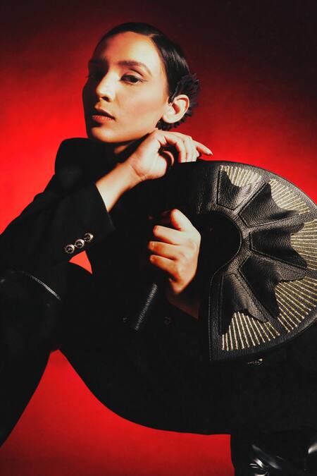 Buy_Econock Studio_Black Patchwork, Embroidery Leather Curved Clutch With _Online_at_Aza_Fashions