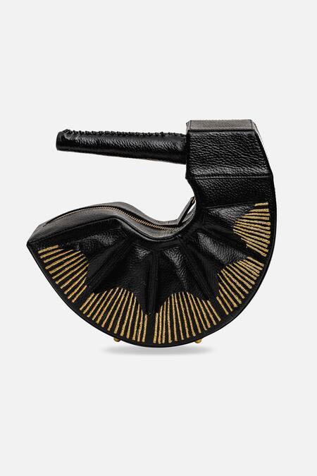Shop_Econock Studio_Black Patchwork, Embroidery Leather Curved Clutch With _Online_at_Aza_Fashions