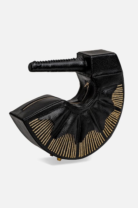 Econock Studio_Black Patchwork, Embroidery Leather Curved Clutch With _at_Aza_Fashions