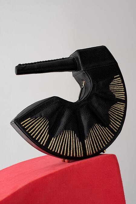 Buy_Econock Studio_Black Patchwork, Embroidery Leather Curved Clutch With 