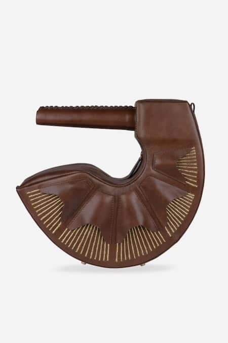 Econock Studio_Brown Patchwork, Embroidery 3d Leather Clutch _at_Aza_Fashions