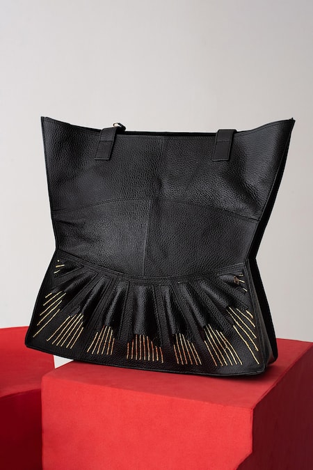 Shop_Econock Studio_Black Patchwork, Embroidery 3d Leather Tote Bag _at_Aza_Fashions