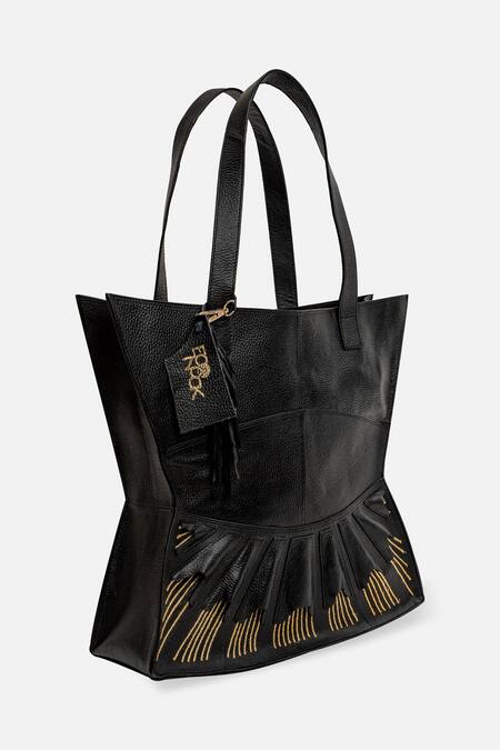 Econock Studio_Black Patchwork, Embroidery 3d Leather Tote Bag _Online_at_Aza_Fashions
