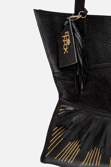 Shop_Econock Studio_Black Patchwork, Embroidery 3d Leather Tote Bag _Online_at_Aza_Fashions
