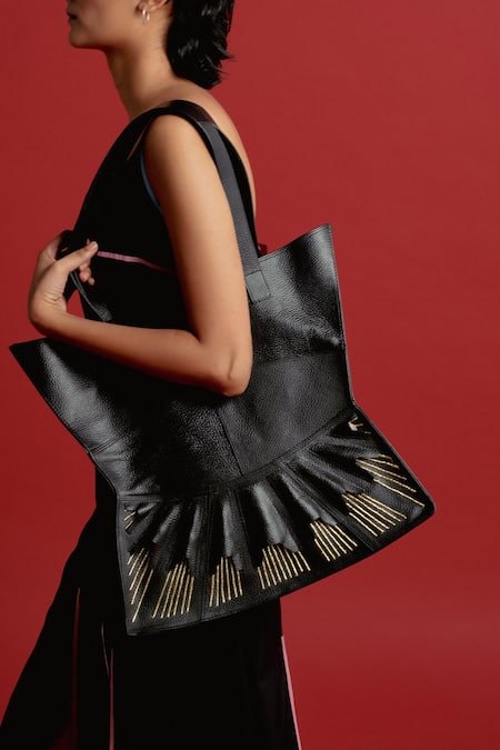 Econock Studio_Black Patchwork, Embroidery 3d Leather Tote Bag _at_Aza_Fashions
