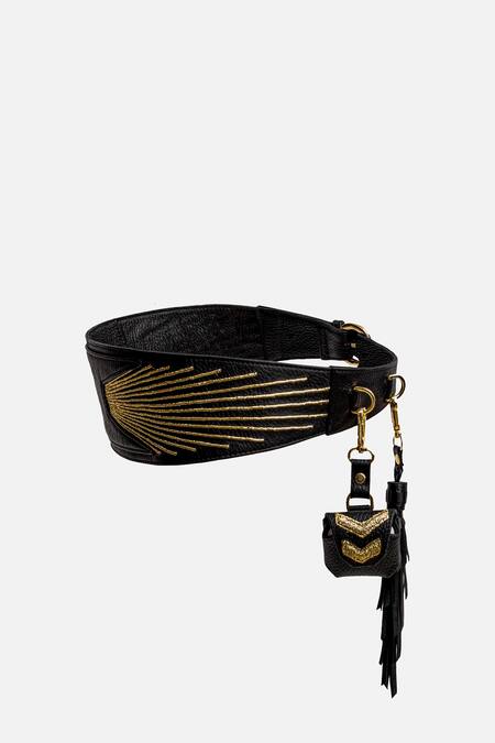 Shop_Econock Studio_Black Embroidery Leather Belt _Online_at_Aza_Fashions
