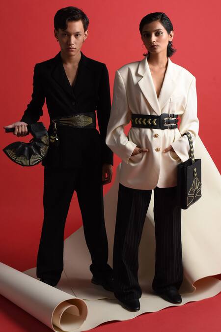 Econock Studio_Black Embroidery Leather Belt _at_Aza_Fashions