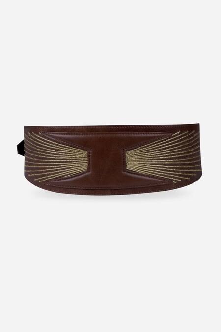 Econock Studio_Brown Embroidery Leather Sunburst Belt _Online_at_Aza_Fashions