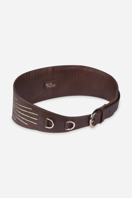 Econock Studio_Brown Embroidery Leather Sunburst Belt _at_Aza_Fashions