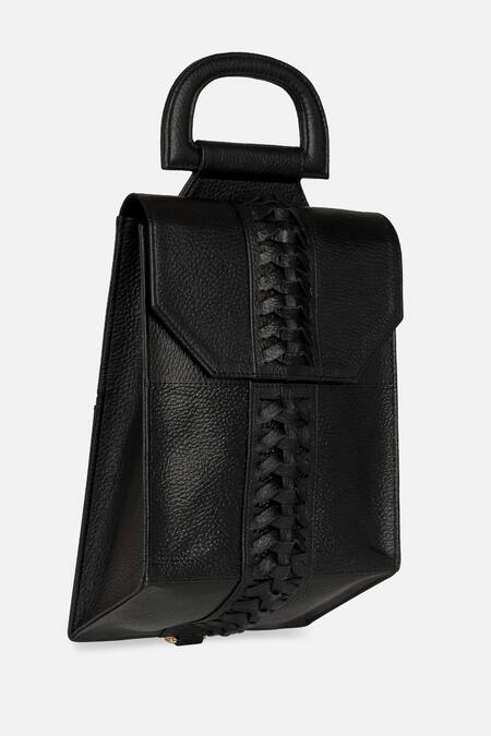 Econock Studio_Black Patchwork Leather Woven Panel Satchel Bag _Online_at_Aza_Fashions