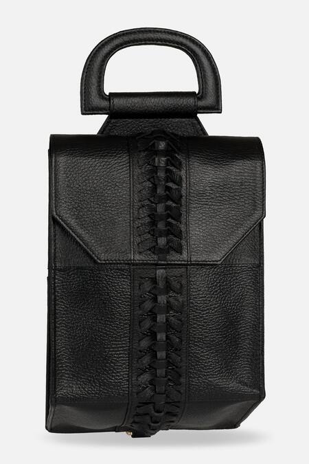 Buy_Econock Studio_Black Patchwork Leather Woven Panel Satchel Bag 