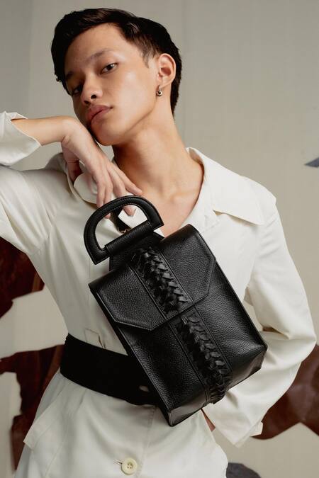 Shop_Econock Studio_Black Patchwork Leather Woven Panel Satchel Bag 