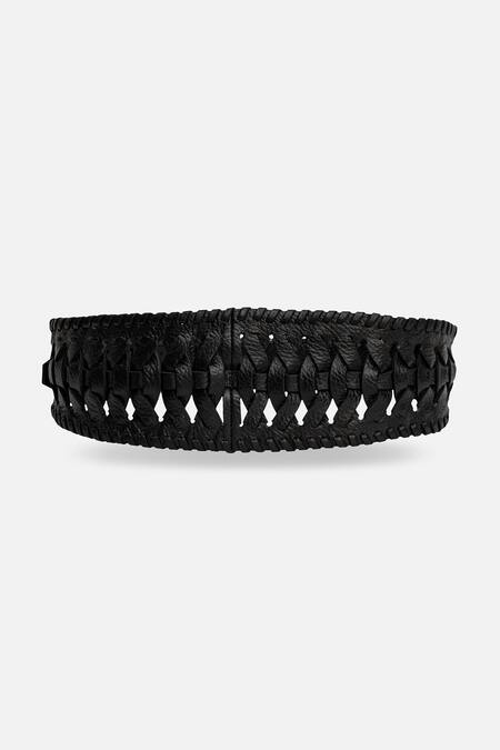 Shop_Econock Studio_Black Embroidery Leather Interwoven Broad Belt _Online_at_Aza_Fashions