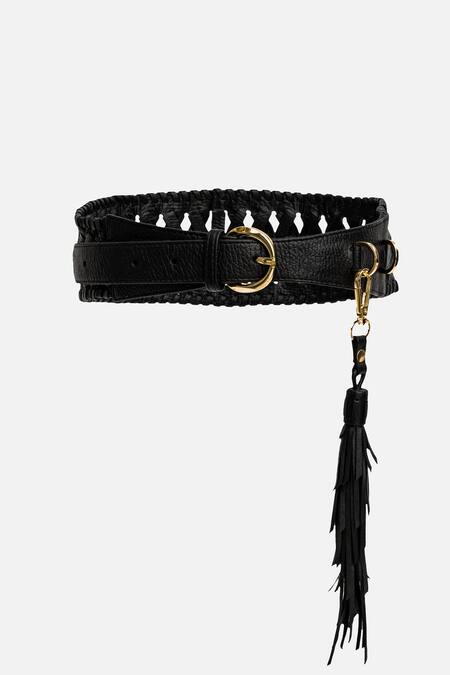 Econock Studio_Black Embroidery Leather Interwoven Broad Belt _at_Aza_Fashions