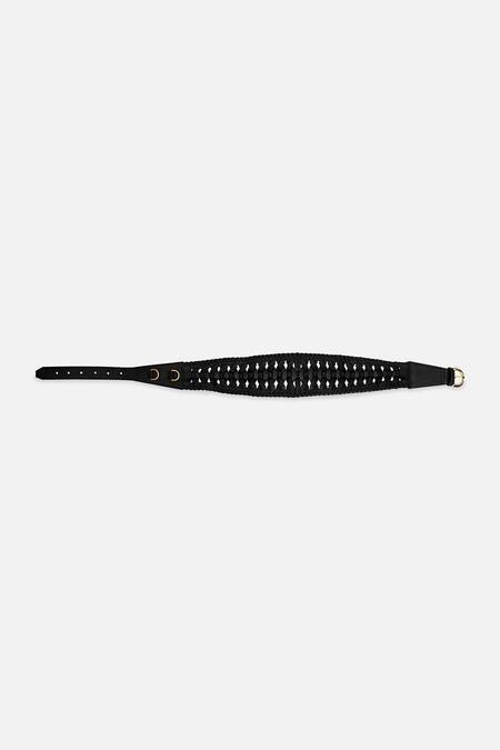 Buy_Econock Studio_Black Embroidery Leather Interwoven Broad Belt 