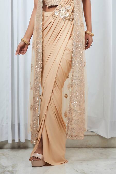 Saaj By Ankita Beige Jersey Sequins Round Neck Embroidered Pre-draped Saree Set Online at Aza Fashions Saaj By Ankita_Beige Jersey Sequins Round Neck Embroidered Pre-draped Saree Set_Online_at_Aza_Fashions